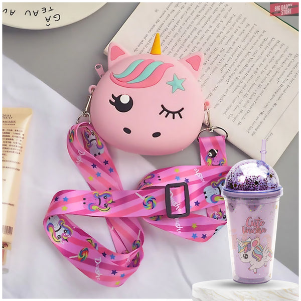Combo Of Unicorn Sipper Tumbler with Unicorn Silicon Sling Bag