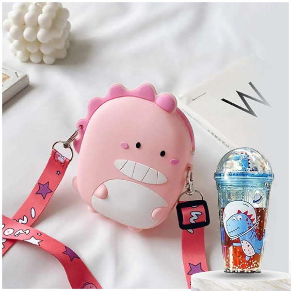 Combo Of Dinosaur Fancy Sipper with Dinosaur Silicon Sling Bag