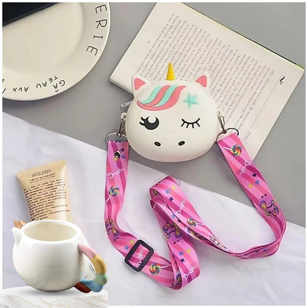 Combo of 3D Unicorn Horn Mug With Unicorn Silicon Sling Bag( White Color)