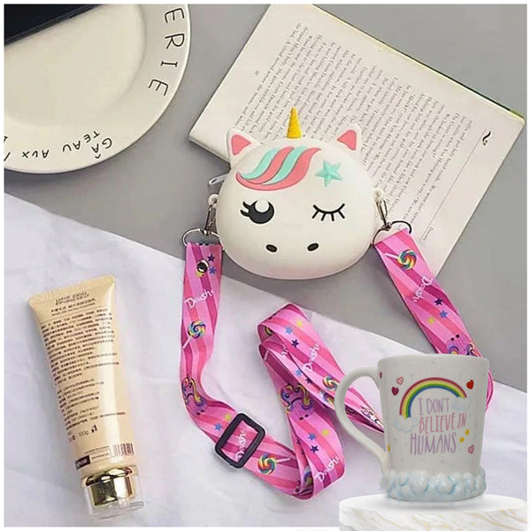 Combo of Unicorn 3D Ceramic Mug and Unicorn Silicon Sling Bag