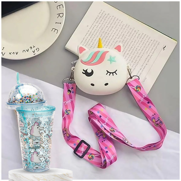 Combo Of  Unicorn Sipper Tumbler with Unicorn Silicon Sling Bag