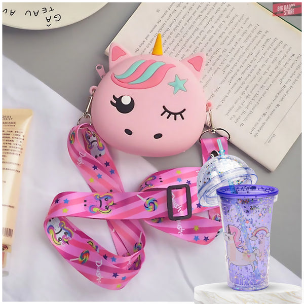 Combo Of Unicorn Sipper Tumbler with Unicorn Silicon Sling Bag