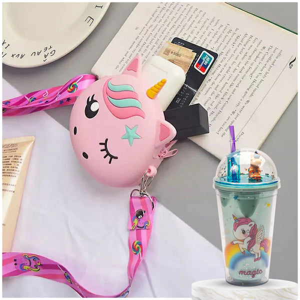 Combo Of Unicorn Sipper With Unicorn Silicon Sling Bag
