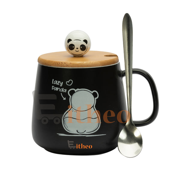 Cute Lazy Panda Coffee Mug with a Lid and a Stainless Spoon- Black
