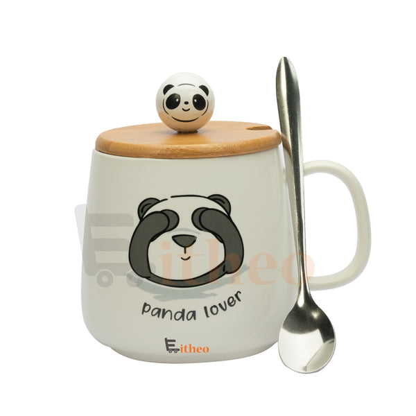 Cute Panda Ceramic Coffee Mug with Stainless Spoon and Lid- White